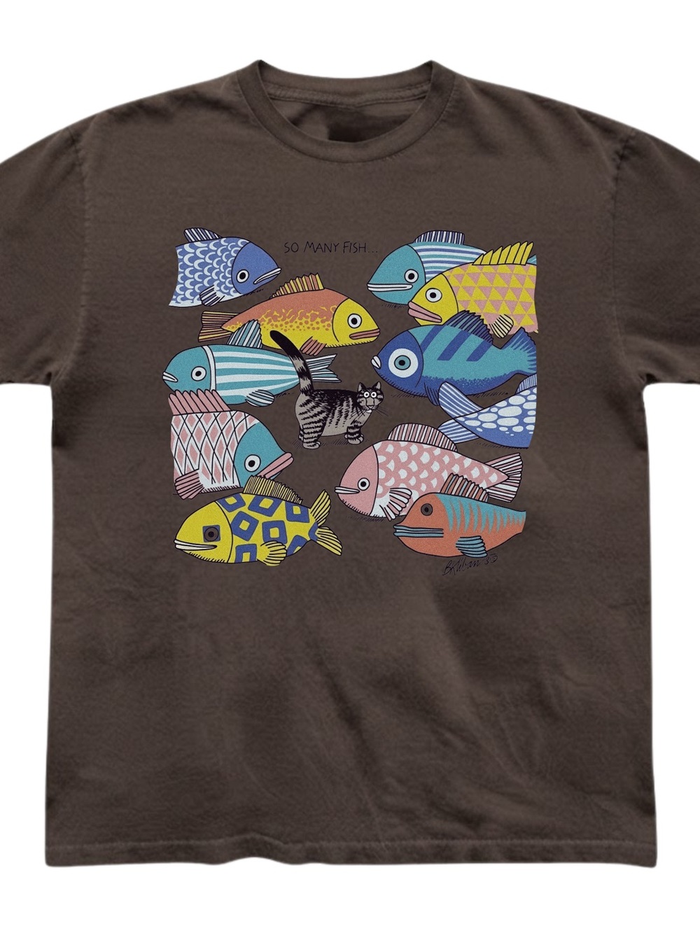 So Many Fish Graphic Print Gildan T-shirt Cat Lover Brown Tee